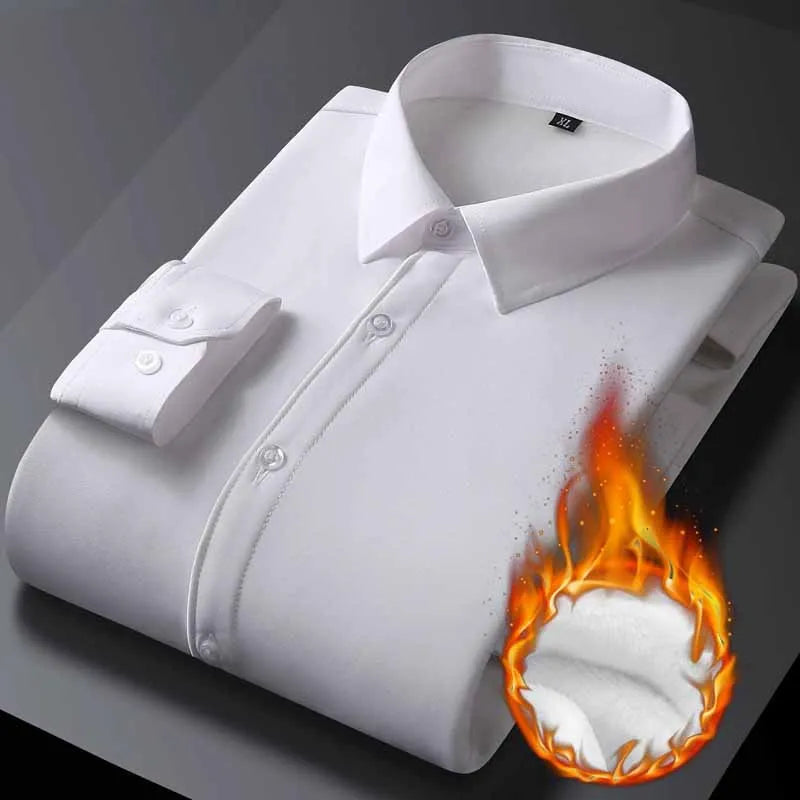 Men's Business Formal Lapel Shirts Autumn and Winter Thickened Warm Office Work Shirt Men Solid Color Casual Long Sleeve Tops