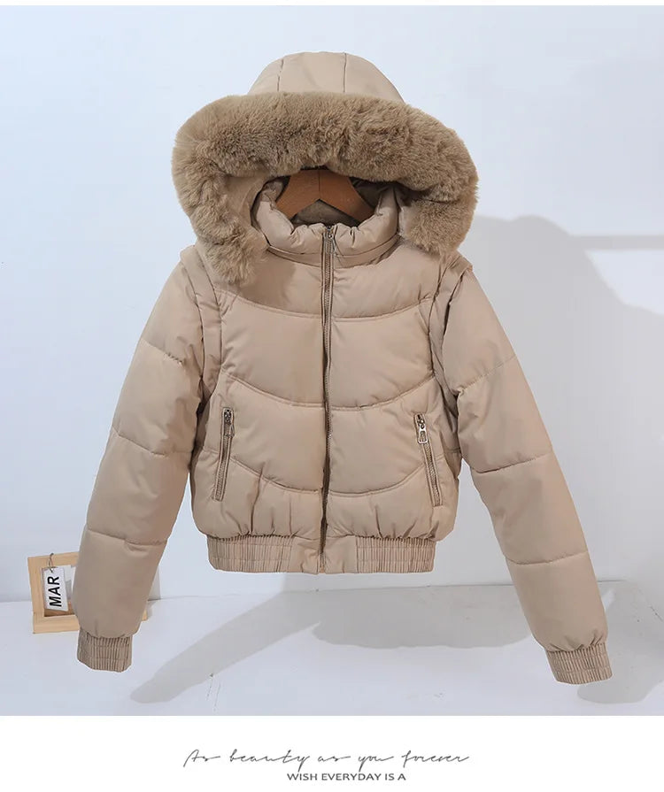 Winter Thickened Short Korean-Style Cotton-Padded Jacket with Fur Collar for Petite Women Warm Coat down Filled