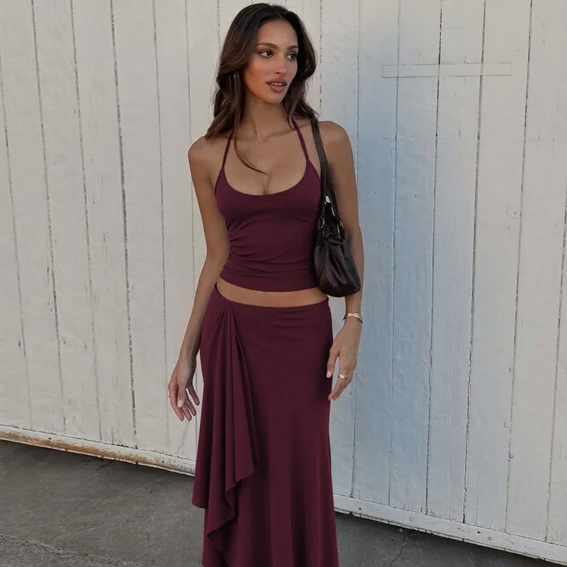 Hugcitar Fashion 2 Pcs Sets Halter Solid Backless Lace Up Sexy Crop Tank Top Ruched Maxi Skirt Women Outfit Beach Vacation Sport