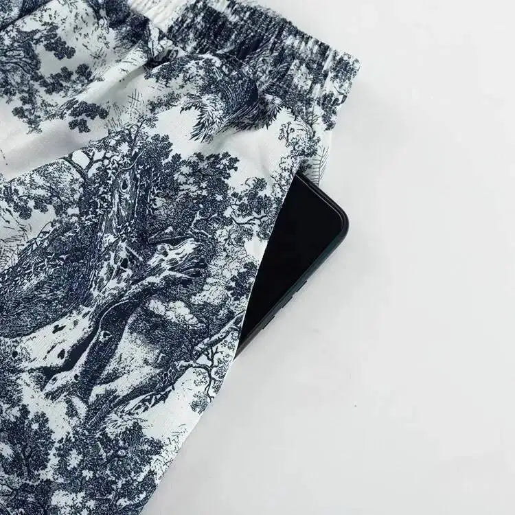 Retro Ink Shirt Three-piece Shorts Suit Women's Summer Casual Long Sleeve Button Print Fashion Shirt With Shorts Suit BX98