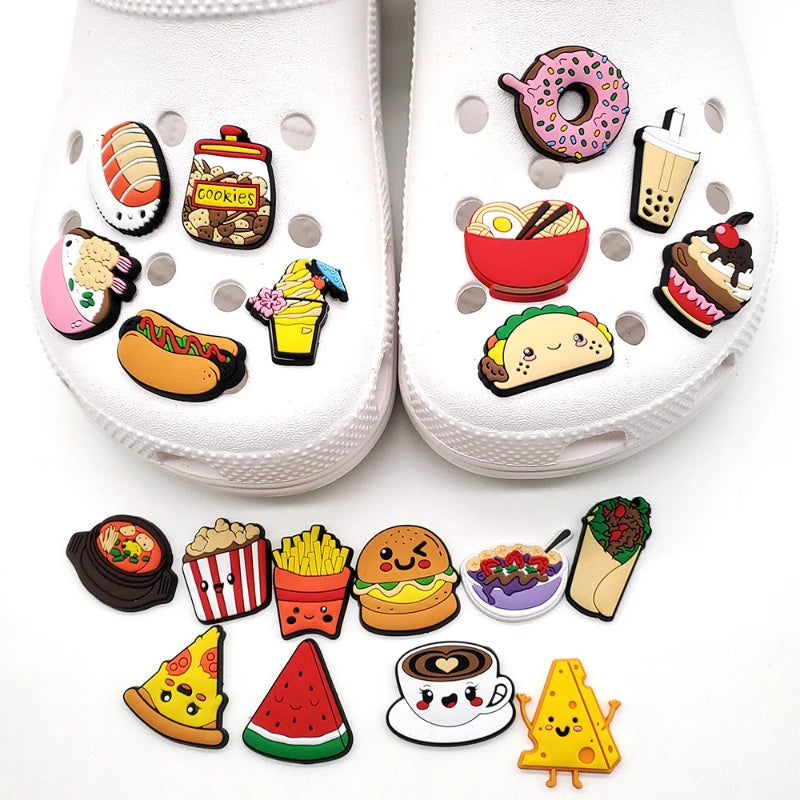 Cute Kawaii Food Shoes Charms Set Cartoon Burger Pizza Boba Shoe Accessories, PVC Clog Decorations for Sandals, Party Gifts
