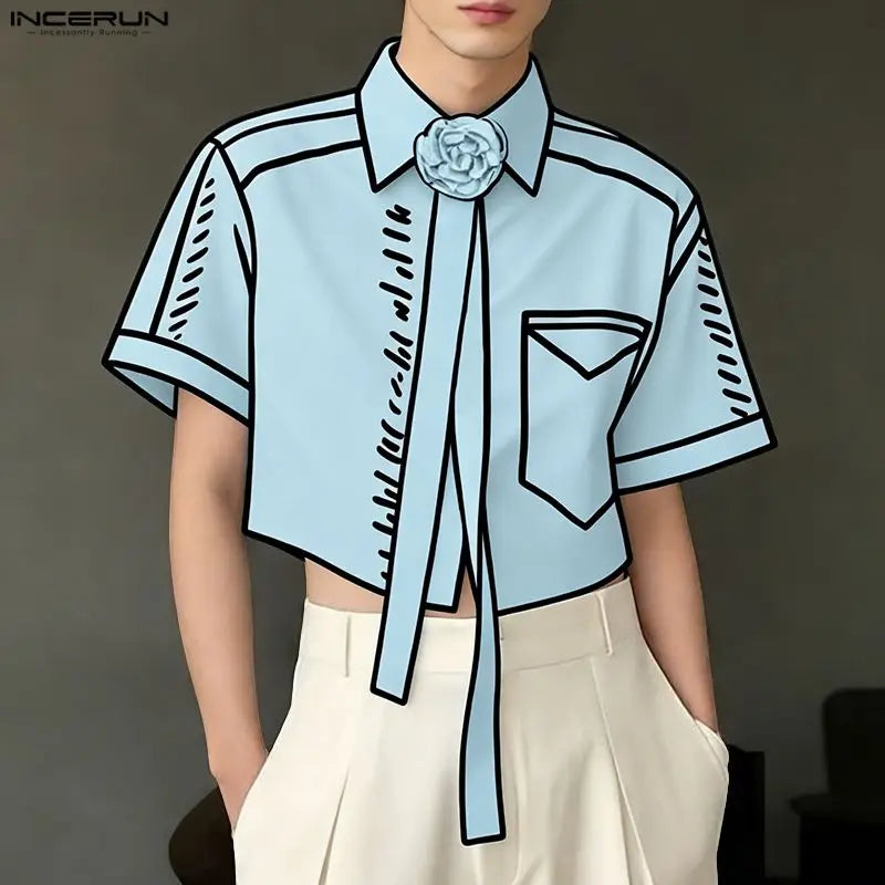INCERUN Men's Shirt Printing Lapel Short Sleeve Flower Casual Men Clothes Streetwear Summer 2026 Fashion Crop Tops For Man S-5XL
