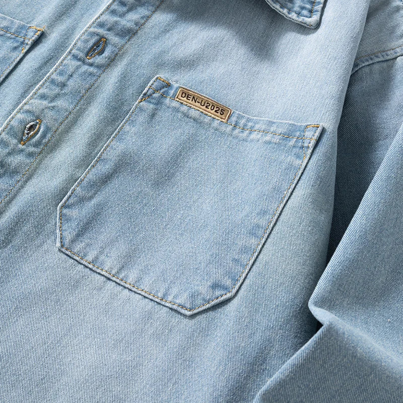 Vintage American-Style Men's Versatile Thin Non-Stretch Denim Loose-Fitting Shirt