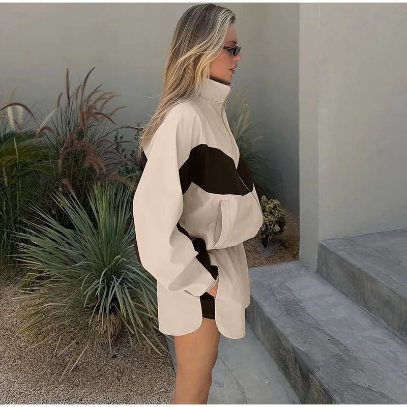Fashion Color Block 2 Piece Tracksuit Women's Stand Collar Zip Lightweight Jacket Loose Mini Shorts 2026 New Lady Casual Outfit