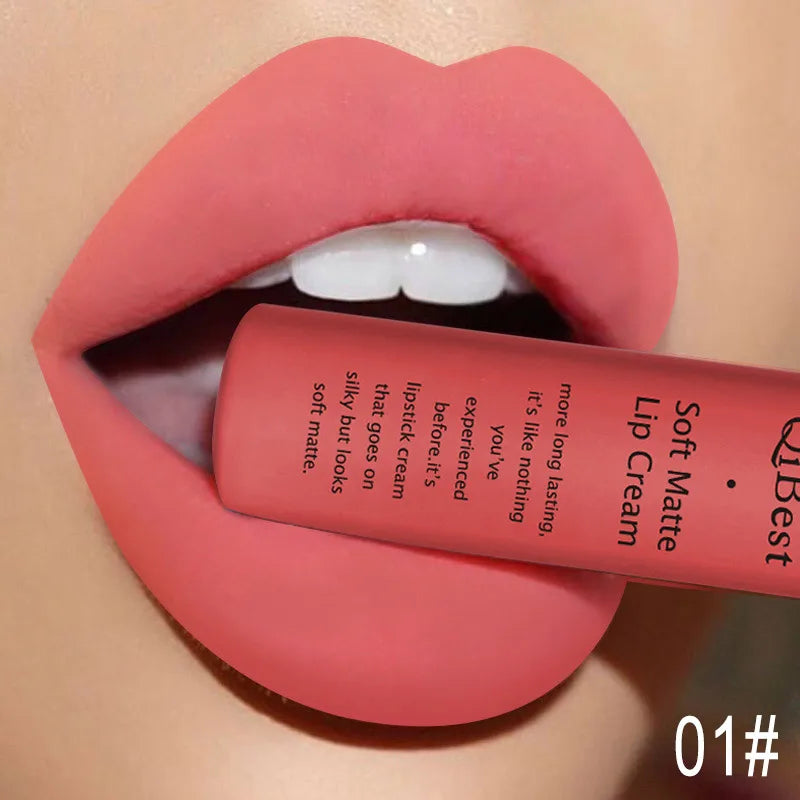 QIBEST Velvet Matte Nude Liquid Lipstick Makeup Sexy Red Lipgloss Waterproof Long-lasting Purple Black Orange Lip Stain Cosmetic