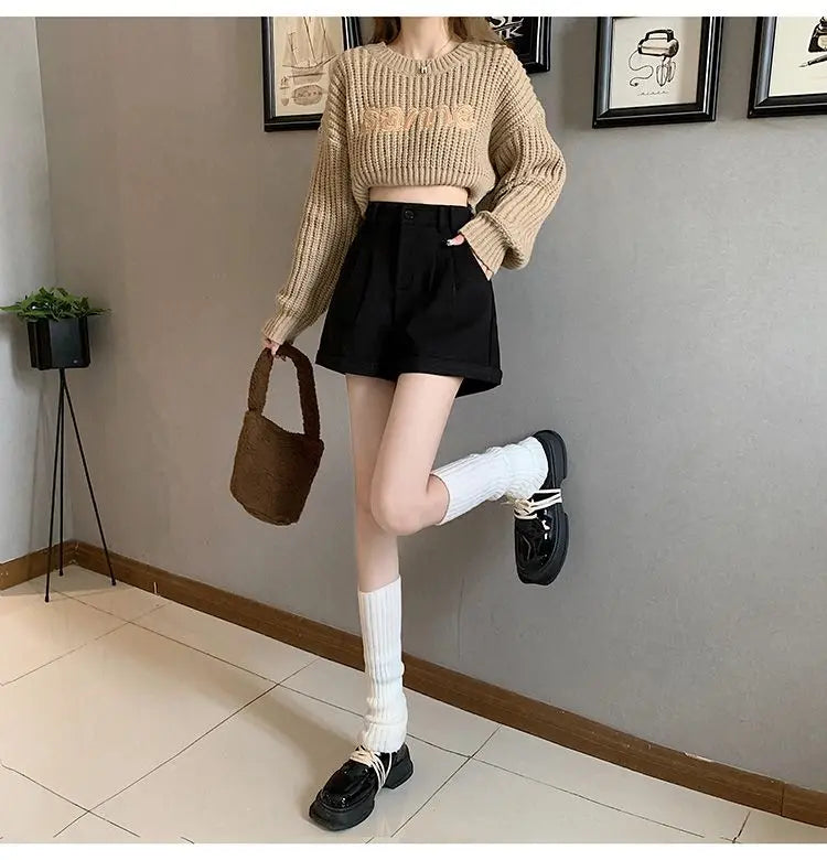 Women Office Lady Summer 2025 Solid Brown Thick High Waist Shorts Korean Style Wide Leg Boot Pants