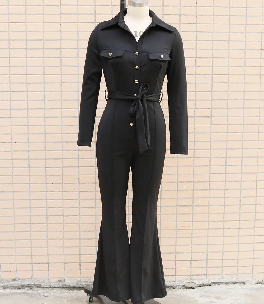 For Woman Jumpsuit High Waist Flare Leg Button Front Jumpsuits Solid Color Deep V Neck Romper Shirt Collar Long Jumpsuit
