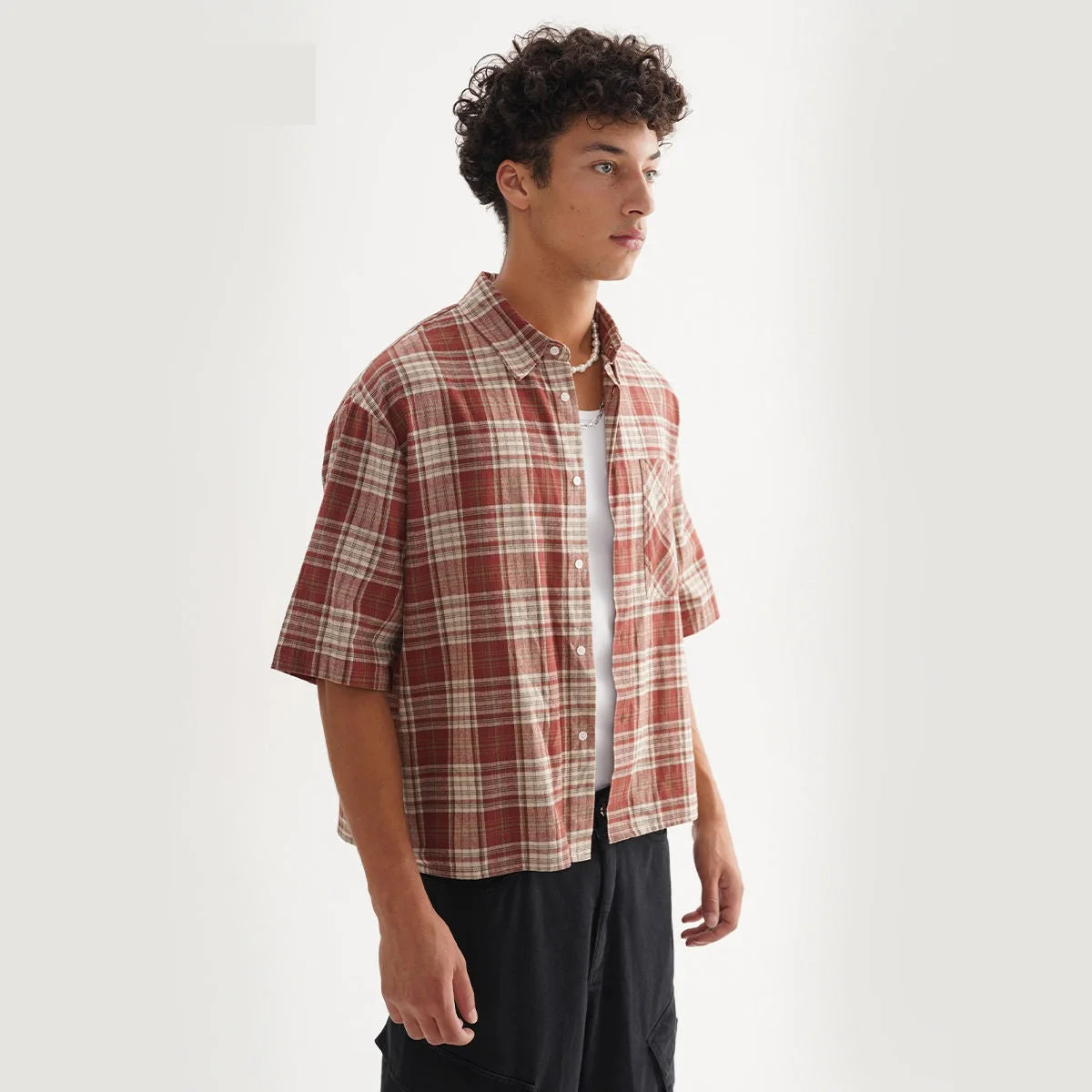 Mens 100% Cotton Short Sleeve Cropped Plaid Shirt for Summer Boxy Fit Button Up Custom Flannel Fashion Street Clothes Unisex