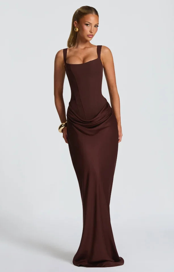 Solid Pleated Sling Dress Women Square Neck Sleeveless Off-shoulder Waist Cinching Slim Dresses 2026 Lady Evening Party Gowns