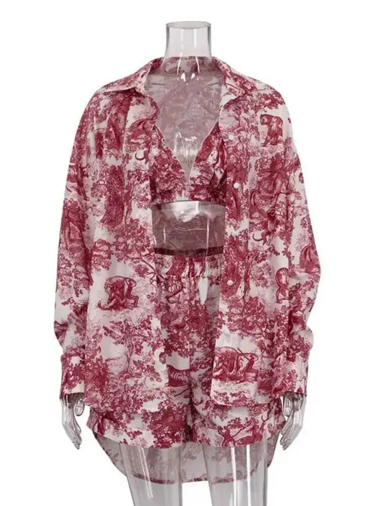 Retro Ink Shirt Three-piece Shorts Suit Women's Summer Casual Long Sleeve Button Print Fashion Shirt With Shorts Suit BX98