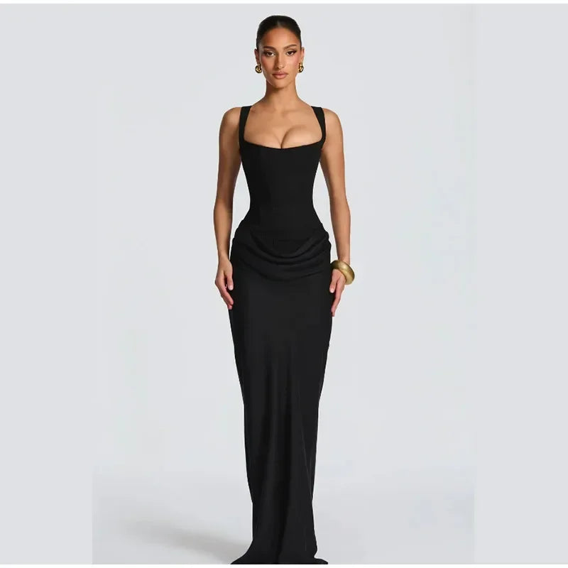 Women Sexy Square-neck Halter Mini Dress 2025 Pleated Sleeveless Backless High Waist Bodycon Dresses New Summer Lady Party Gowns
