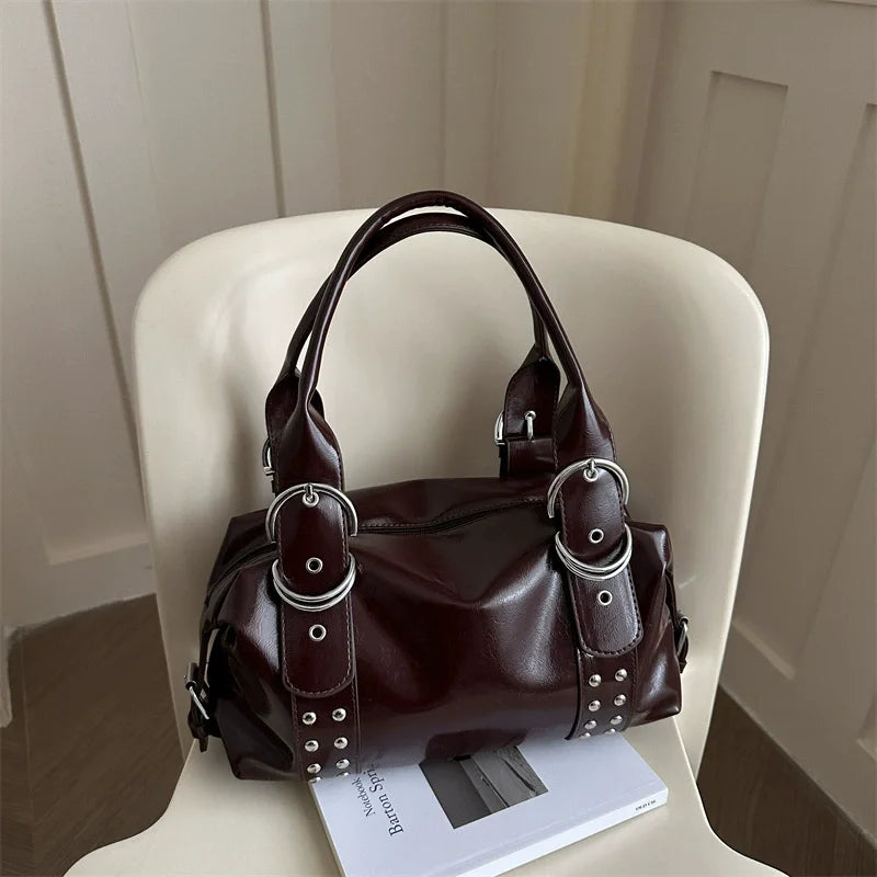 Vintage Style PU Leather Women Shoulder Bag Large Capacity High Quality Fashion Rivet Handbag Daily Use Y2K Motorcycle Bag