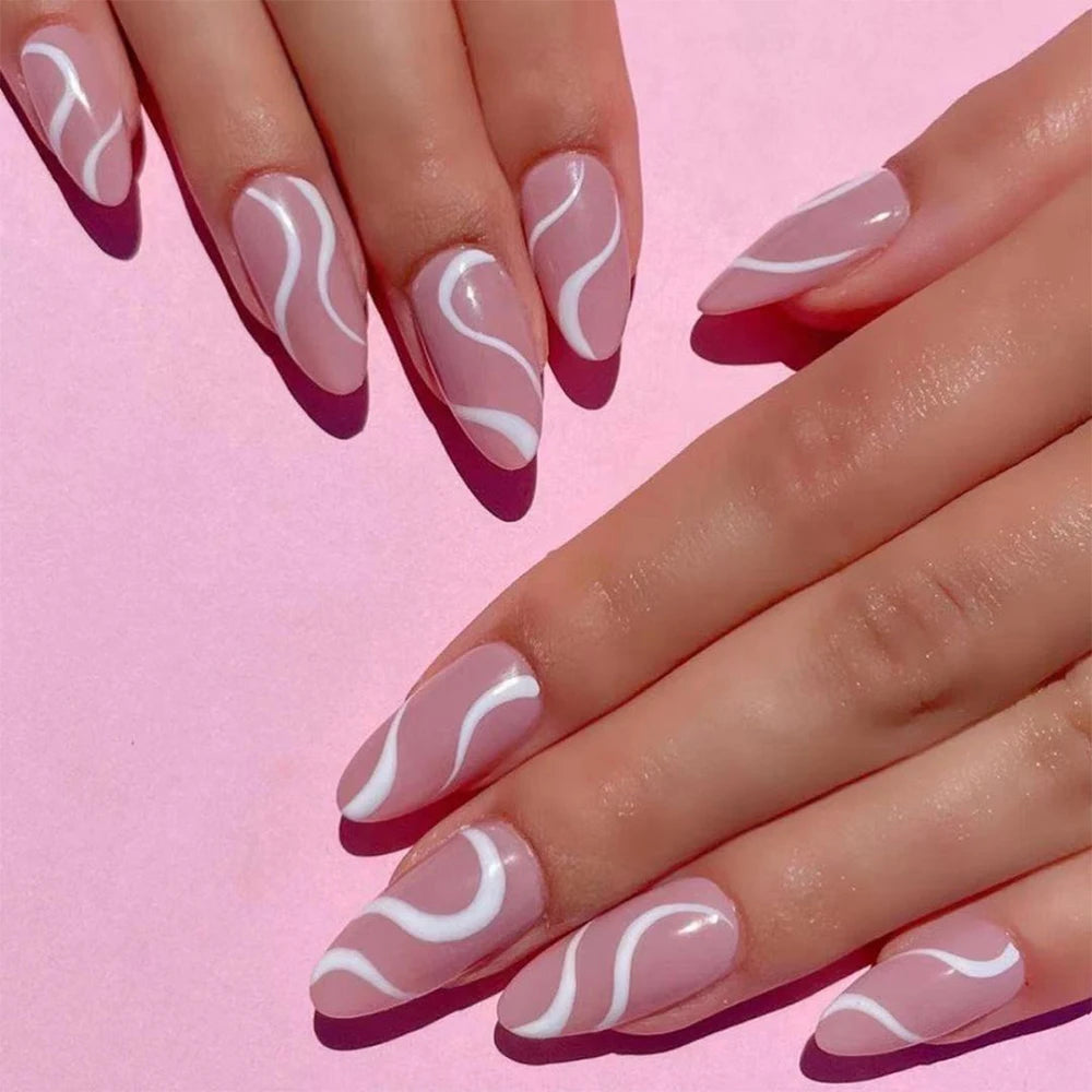 24Pcs/Set Blue Sky White Cloud Fake Nails Glue DIY Manicure Pattern Design False Nail French Stiletto Full Cover Nail Art Tools