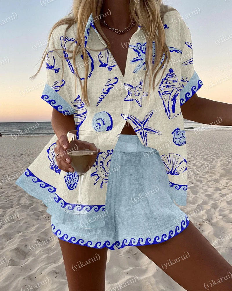 Summer Fashion Print Beach Holiday 2-Piece Set Women Short Sleeve Shirt Top + Wide Legs Short Women's Oversized Two-Piece Outfit