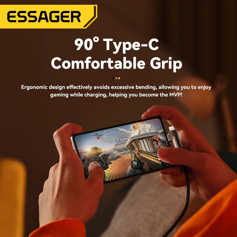 Essager PD 2 in 1 USB A Cable 90 Degree Angle Type C/Lightning Fast Charging Cable For iPhone 16 15 14Pro Max iPad Xiaomi Huawei