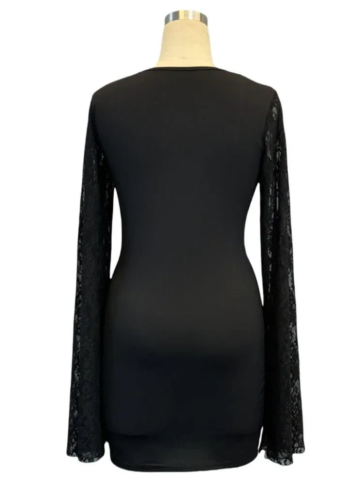 Women's Sexy Solid Color Square Neck Flare Sleeve Lace Spliced Skinny Mini Dress