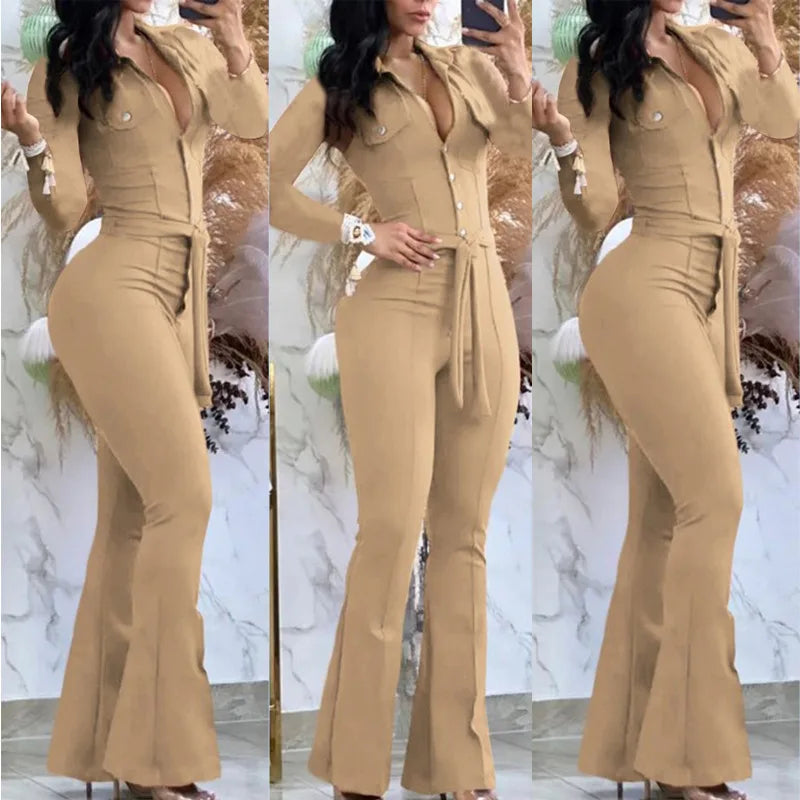 New Spring Women's Long Sleeve Jumpsuits Fashion Casual Button Turn-Down Collar Skinny Bootcut Jumpsuit with Belt Y2K Streetwear
