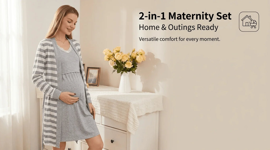 2-piece set, pregnant women, nursing long-sleeved pajamas set, autumn and winter loungewear, nursing nightgown, maternity clothes.