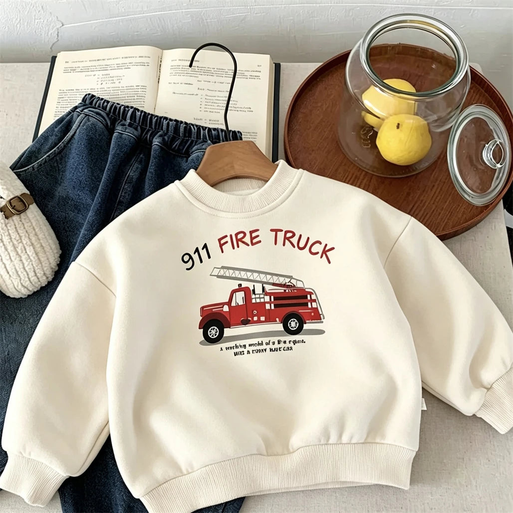 Little Car Print Hoodie Fashion Casual Autumn Clothing Round Neck Pullovers Simple All-match Tops Baby Boys Girls Sweatshirts