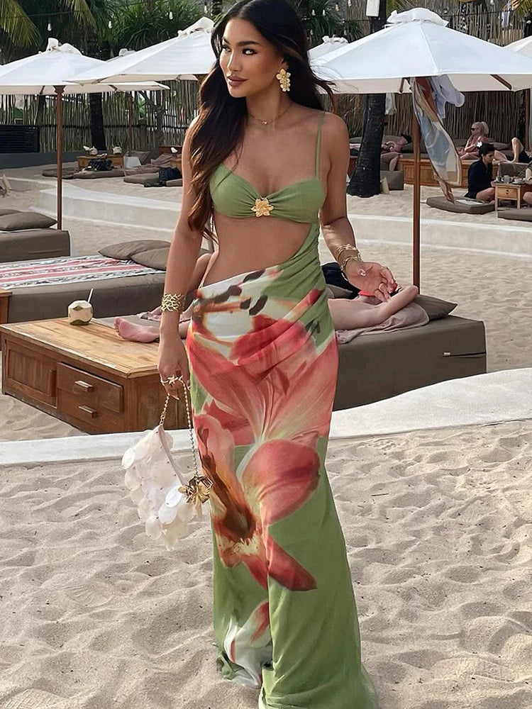 Nibber Elegant Vacation Long Dress Woman Metal Decoration Floral Print Low-Neck Hollow Navel Exposed Design Beach Style Vestidos
