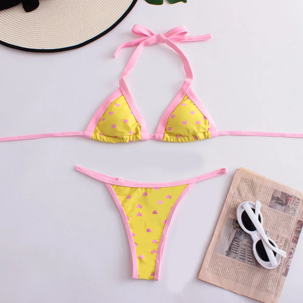 Sexy Bikini Swimsuit Digital Print Two-Piece Women's Triangle Soft Pack Swimwear Trendy Floral Pattern without Shoulder Straps