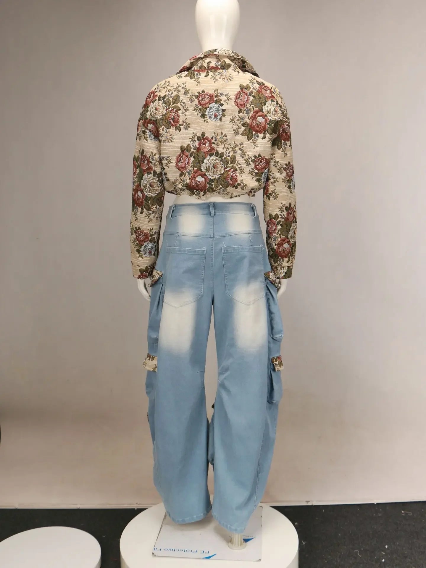 Washed Jeans Women's Set Full Sleeve Floral Jacket and Pockets Cargo Jeans Pants Suit 2025 Street Two 2 Piece Set Outfit