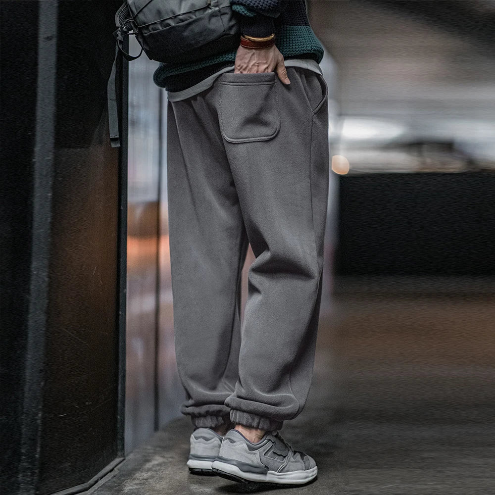 Maden Men's Casual Polar Fleece Cuffed Sweatpants Solid Color Elastic Waist Fleece-lined Pants Warm Sports Straight-leg Trousers