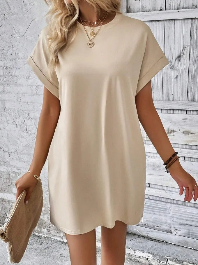 New women's spring and summer fashionable temperament casual commuting solid color round neck loose short sleeved pocket dress