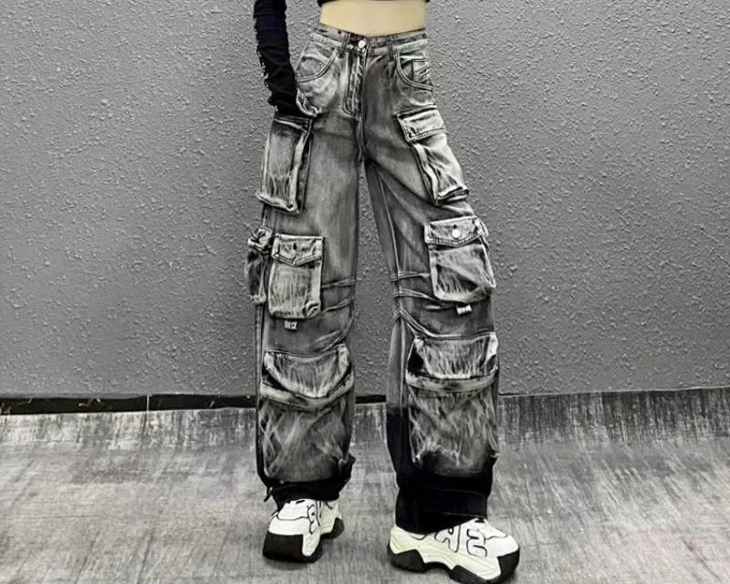 Jeans Women Denim Distressed Multi Pocket Y2k Streetwear Cargo Pants Casual High Waist Zipper Fly Winter Gradient Mom Jeans