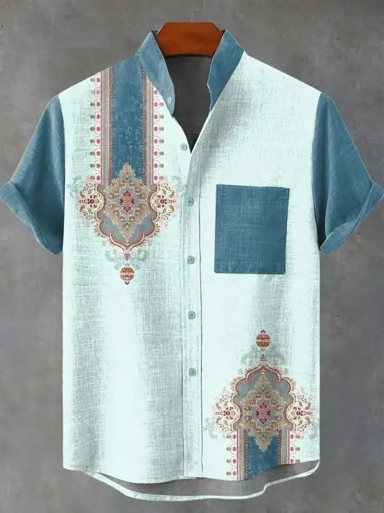 Men's Short Sleeve Printed Shirt Fashion Urban Style Polyester Fabric Loose Fit Casual Wear Turn-down Collar Classic Design