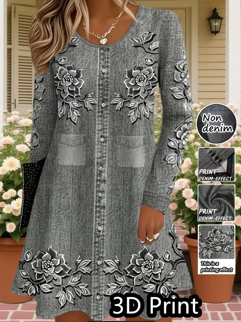 3D retro printed dress, women's autumn long sleeved round neck casual mini A-line dress Vestidos De Mujer