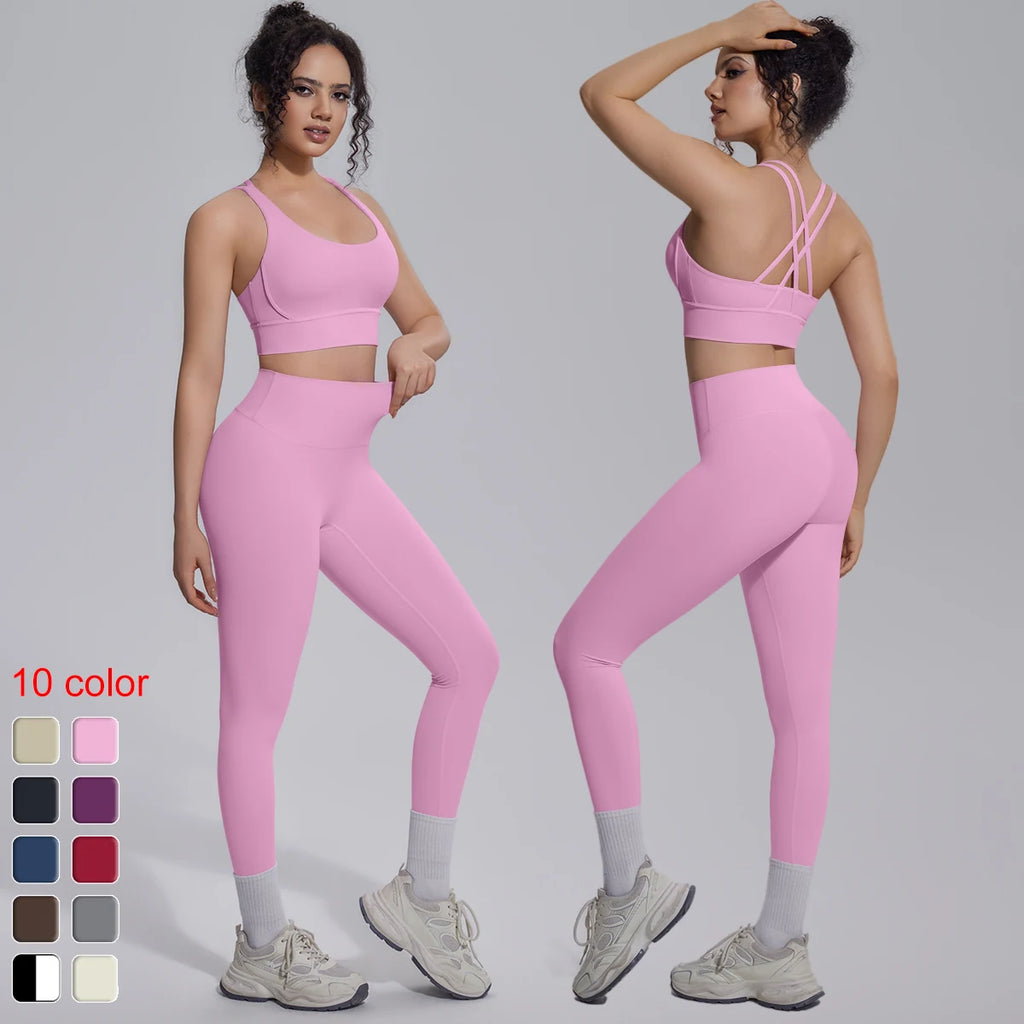 New Yoga Set for Woman Summer Gym Sports Running Bra Top Breathable Peach Buttocks Women Leggings Solid Color Yoga Set