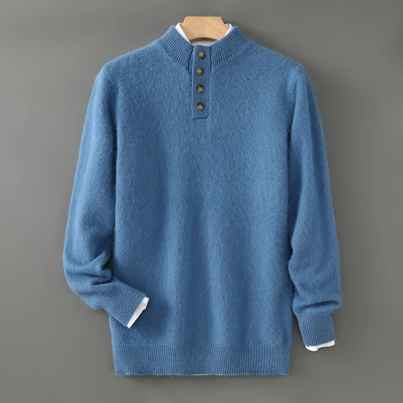 Men's Thicken 100%Pure Mink Cashmere Sweater Youth Button Semi-High Neck Loose Knit Pullovers Autumn and Winter Warm Base Shirt