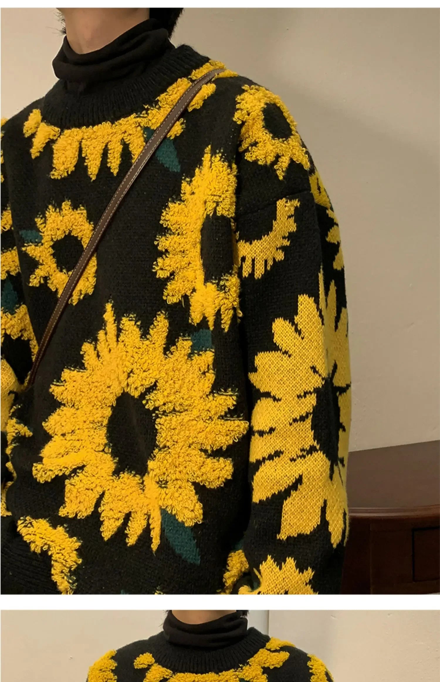 Flocking Floral Sweaters Men Baggy Spring Autumn Japanese Style Retro   High Street Harajuku Knitwear Slouchy Ins
