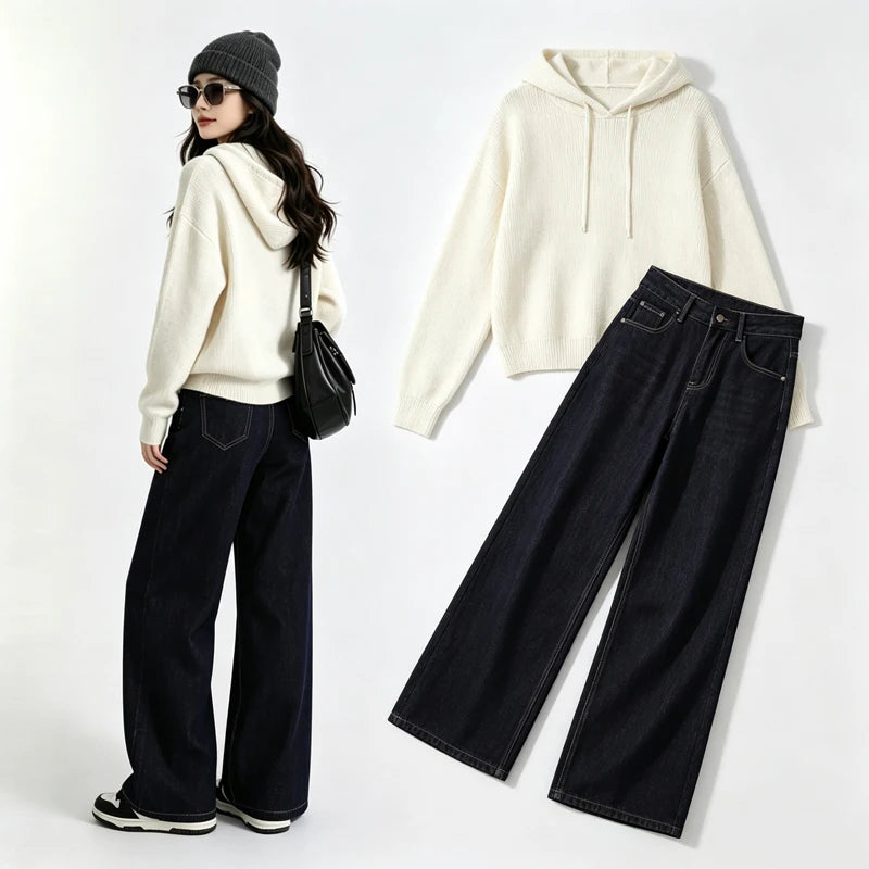 Raw Denim High Waist Wide Leg Draped Jeans Women Vintage Loose Slim Versatile Commute Long Trousers