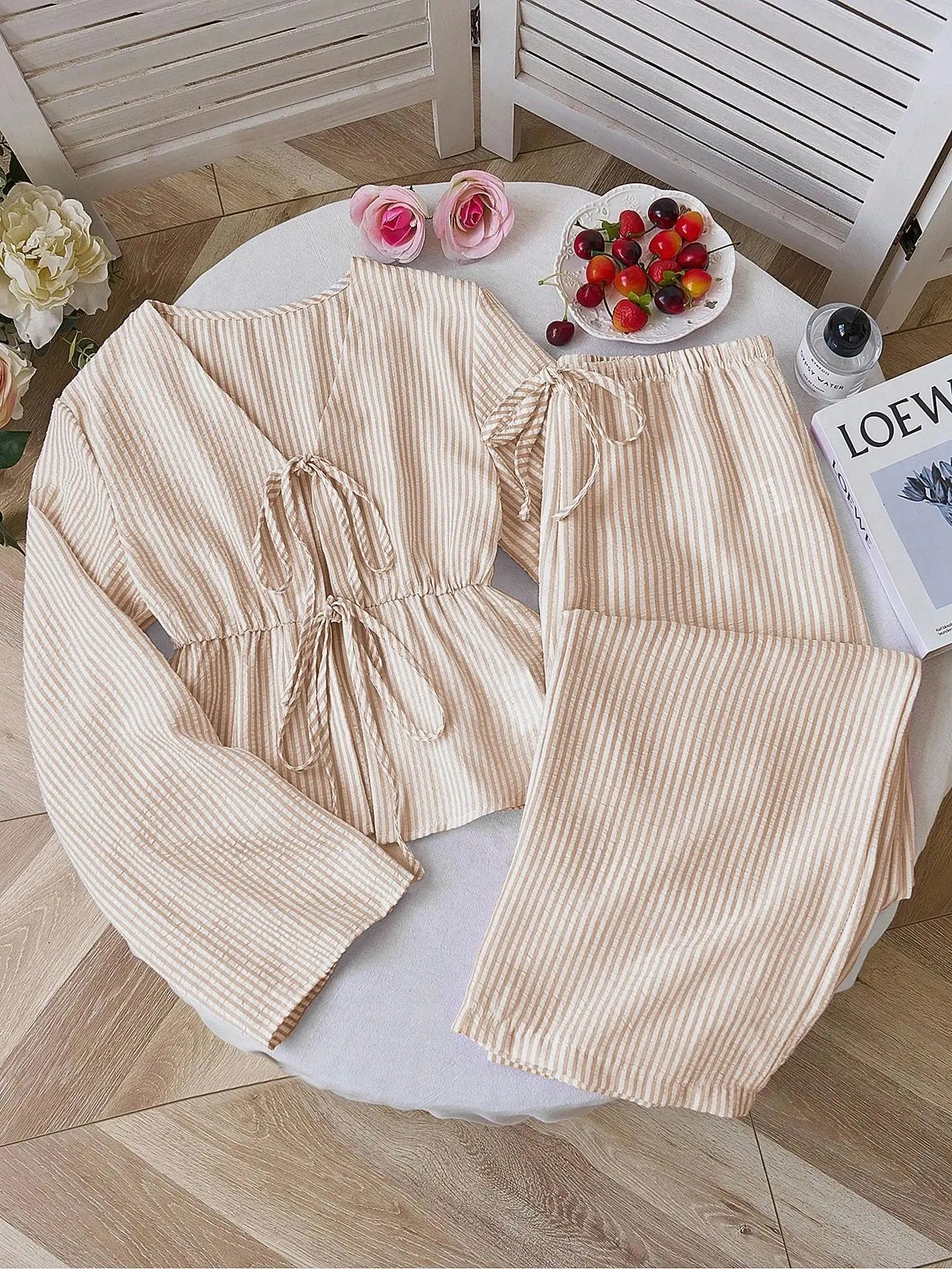 2026 Summer Two Piece Set Women Striped V Neck Lace Up Sleeveless Blouse High Waist Wide Leg Pants Suits Sweet Casual Tracksuits
