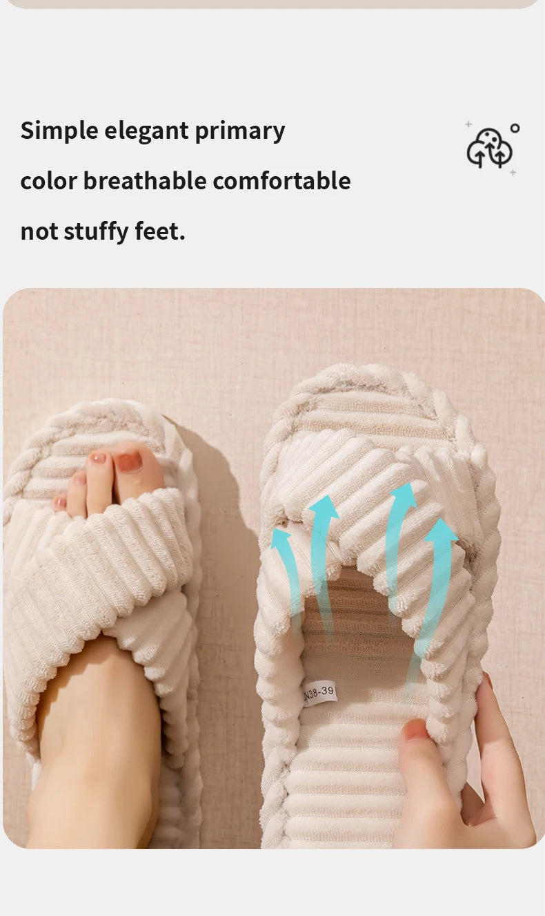 Fashion Corduroy Cross Band Open Toe Home Slippers Women Autumn Winter Warm Plush Slides Ladies Bedroom Soft Sole Slippers