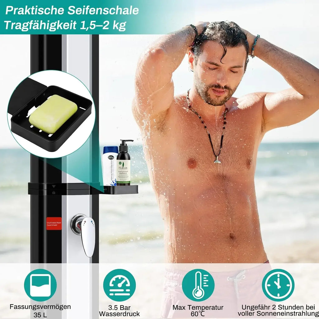 60L Freestanding Outdoor Solar Heated Shower,Outdoor Pool Showers for Outside,High 228cm Solar Shower Column 360° Swivel Shower