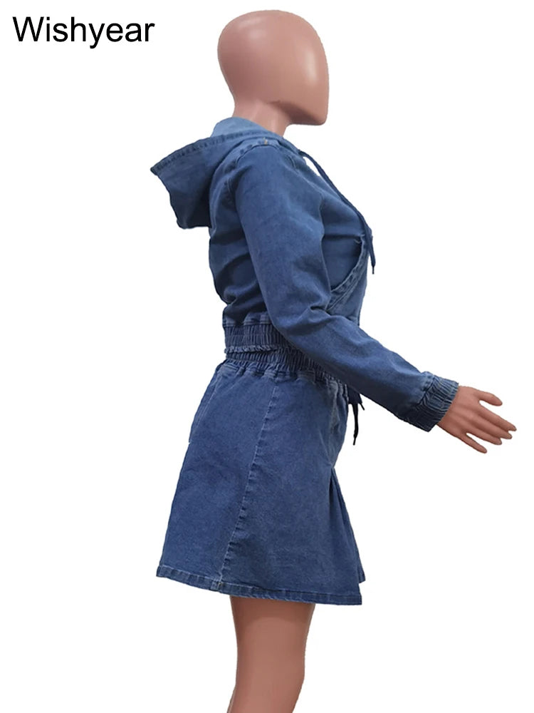 Vintage Wash Denim 2 Piece Sets Women Long Sleeve Hooded Crop Top and Pleated Skirts Suits Streetwear Matching Jeans Outfit 2025