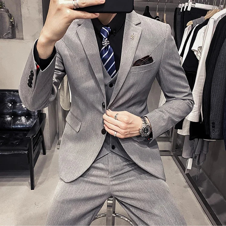 S-7XL ( Blazer + Vest + Pants ) Striped Plaid Solid Color Mens Formal Business Suit 3Pcs Set Groom Wedding Social Show Dress