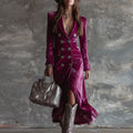 Fall Winter Double Breasted Velvet Cardigan Dress Woman Elegant Lapel Hollow Split Long Dress Vintage Long Sleeve Office Dresses