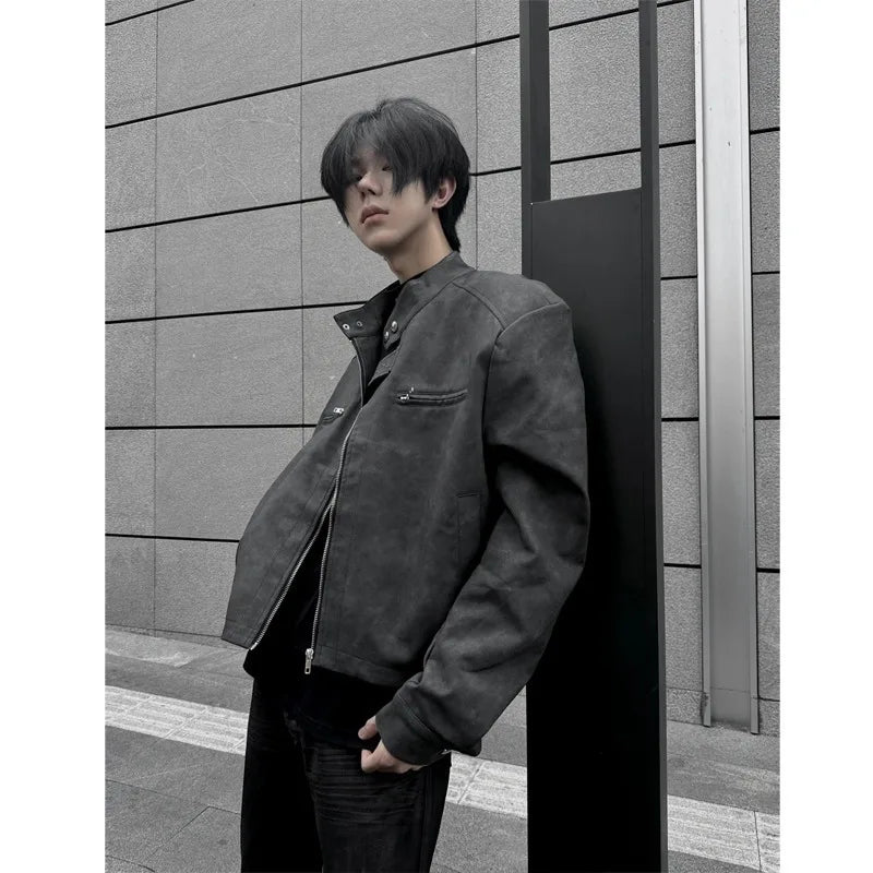 Men's Pu Leather Jacket Autumn Maillard Style Shoulder Pad Jacket Cool Retro Brown Moto Short PU Leather A2 Flight Jacket