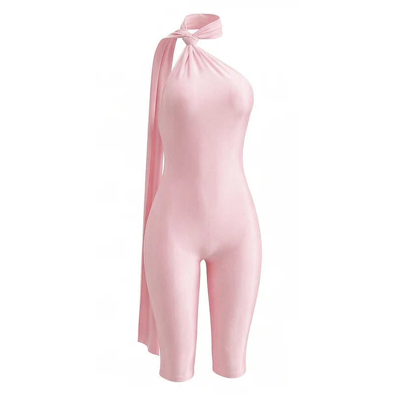 Women Fashion Overalls Playsuits Beach Vacation Clubwear Sexy Backless Ruched Halter Neck Tie Solid Slim Fit Capris Jumpsuit