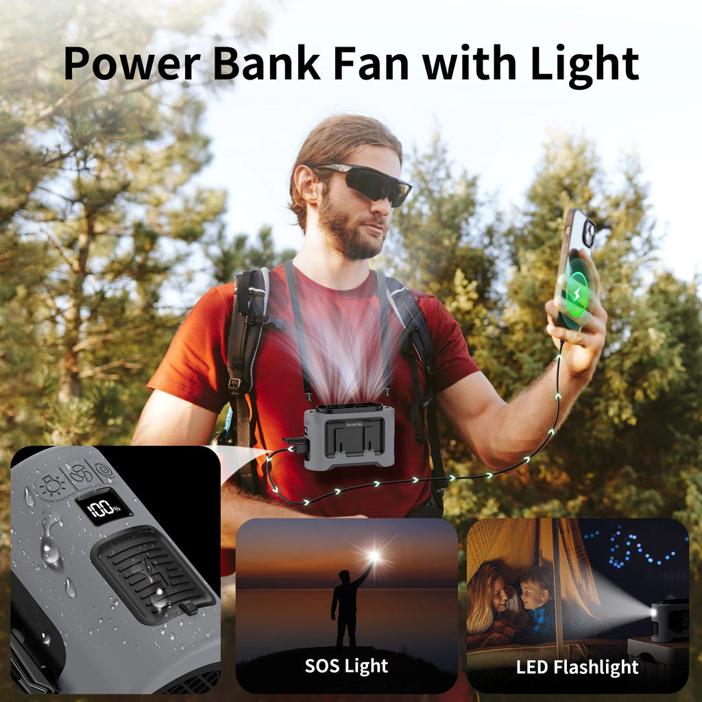 Socool 14500mAh Portable Waist Fan Dual Airflow Outlet Turbo Motors with Four Clips Emergency Flashlight Power Bank for Outdoor