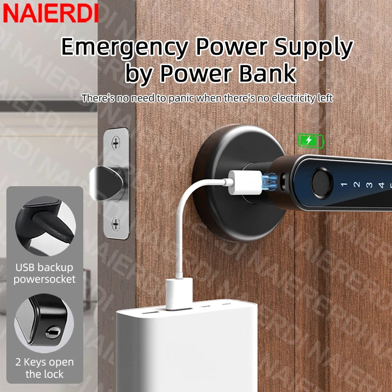 NAIERDI Smart Fingerprint Door Lock Tuya APP Bluetooth Keypad Card Entry Door Lock with Handle for Home Apartment Bedroom
