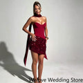 Burgundy Homecoming Mini Detachable Choker Streamer Strap Solid Bust Ruched Sequin Wrap Skirt Sexy Short Cocktail Prom Dresses