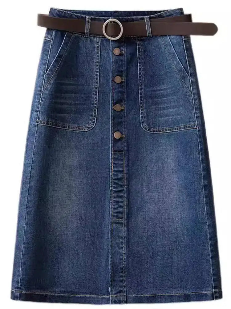 High Waist Washed Cotton Denim Skirt Mid-Length A-Line Women's Skirt Spring Summer New Style Casual Pure Color Button Design