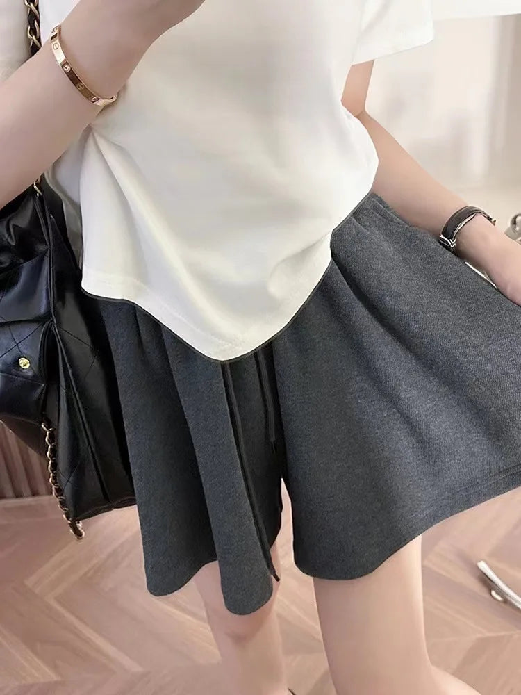 Women High Waist Drawstring Skort Solid A Line Wide Leg Casual Sports Pleated Shorts