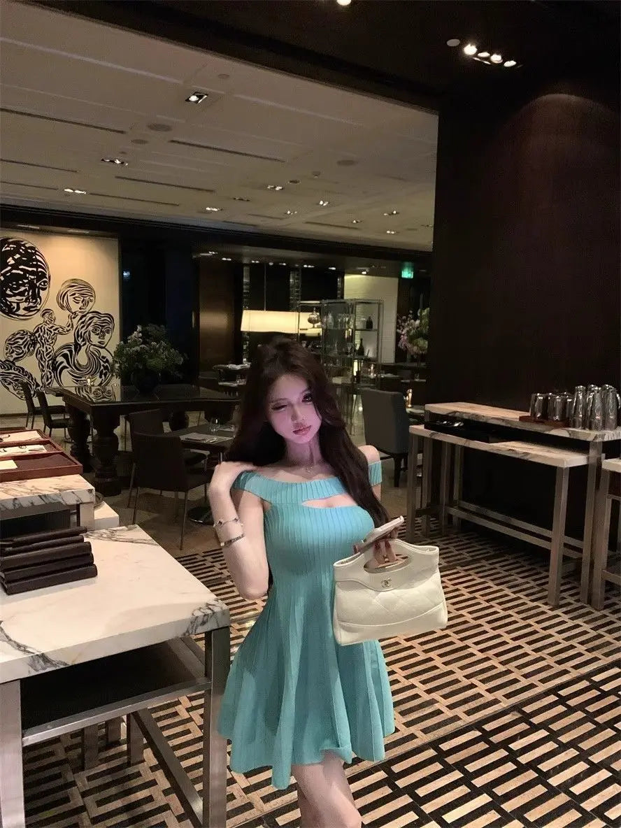Women's Off Shoulder Knit Mini Dress Hollow Out Chest Flared Skirt Solid Color Party Evening Dress