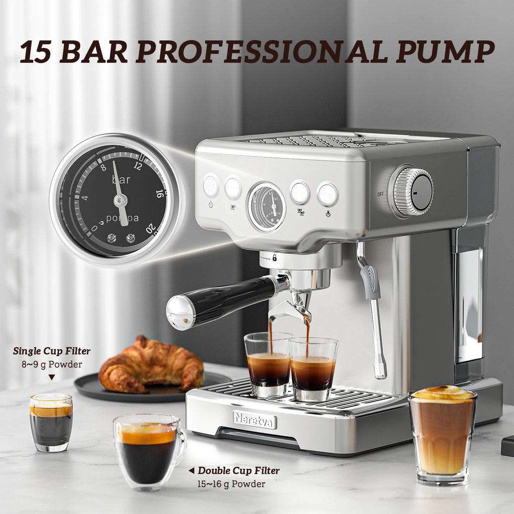 Neretva 15 Bar Espresso Machine with Milk Frother Steam Wand for Cappuccino, Latte, Macchiato, 1450W （220V）
